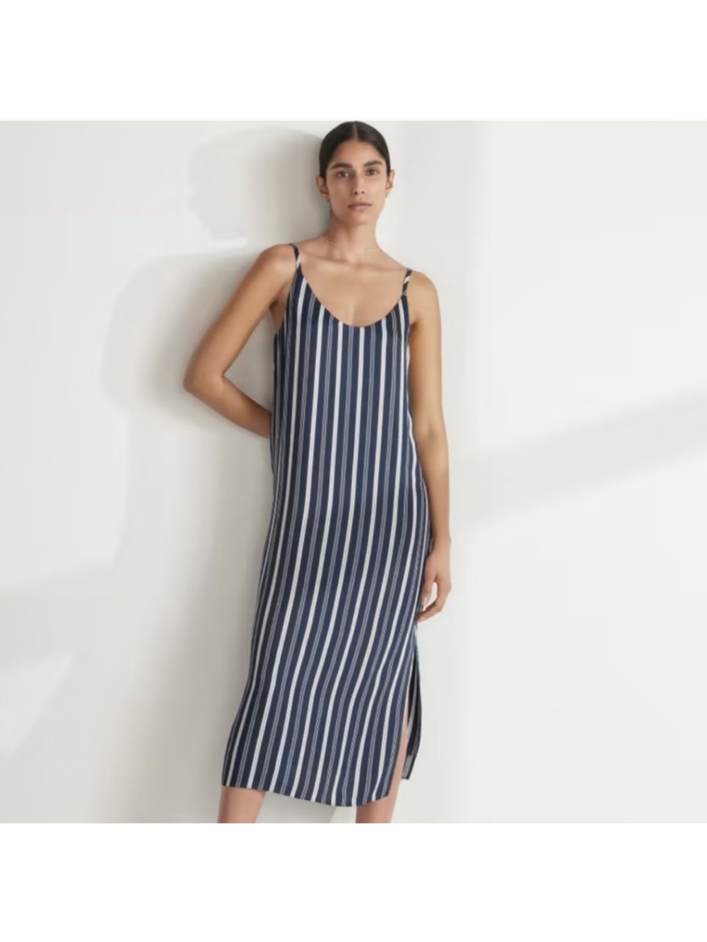 Everlane Navy and White horizonal-Stripe Midi Slip Dress